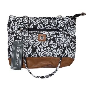 Stone Mountain SNY Quilted Floral Tote Bag Black White Brown Faux Leather Base